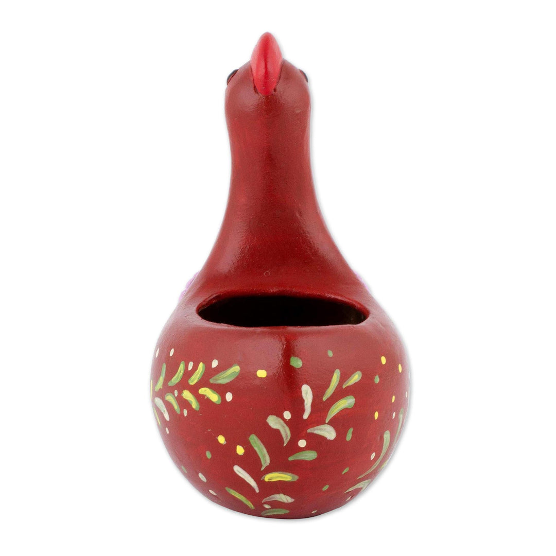 Handcrafted Red Ceramic Chicken Sculpture from Peru - Songs of Dawn