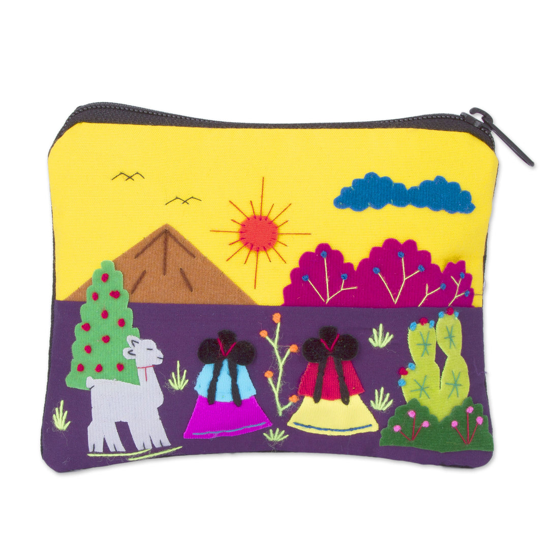 Embroidered Multicolor Cotton Blend Coin Purse from Peru - Andean Sunrise