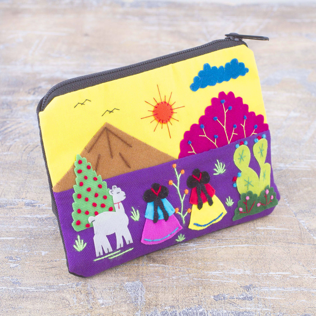 Embroidered Multicolor Cotton Blend Coin Purse from Peru - Andean Sunrise