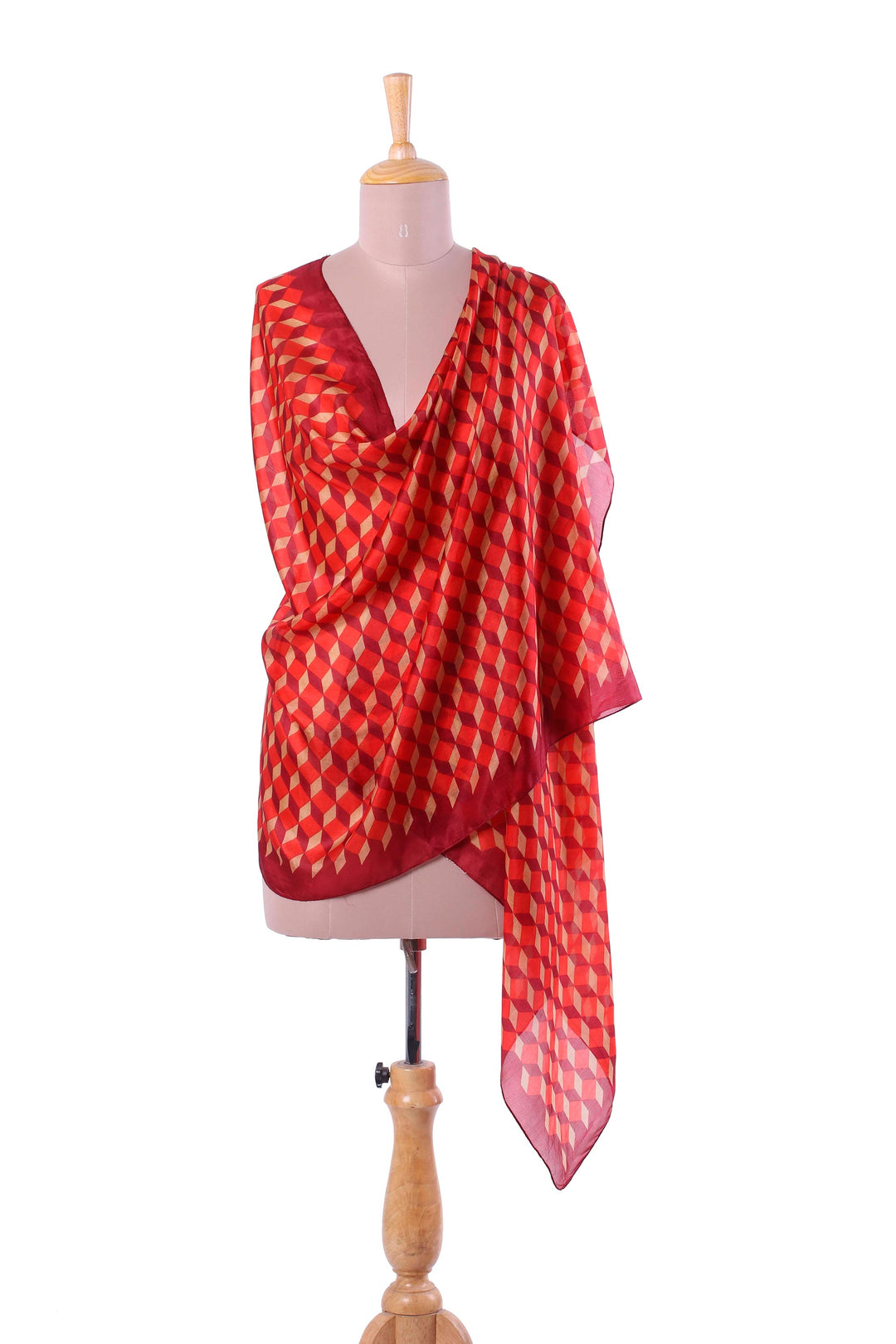 Silk Shawl with Claret Geometric Motifs from India - Claret Steps