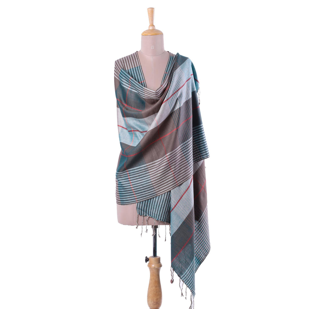 Silk and Wool Blend Checkered Shawl from India - Symphonic Checks