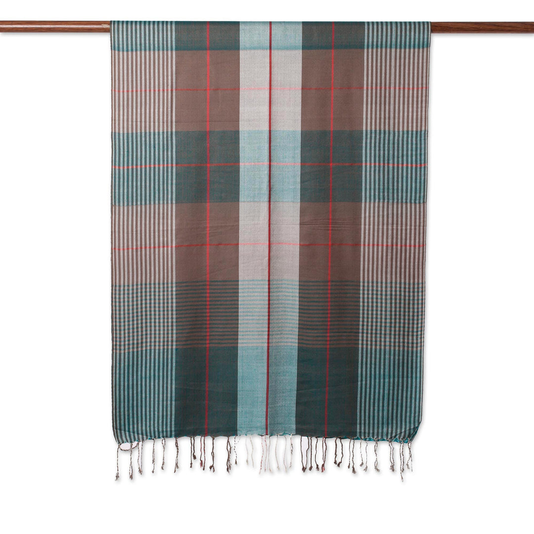 Silk and Wool Blend Checkered Shawl from India - Symphonic Checks