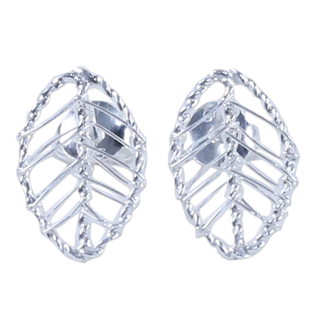 Artisan Crafted Sterling Silver Leaf Shaped Button Earrings - Lucky Leaf Wrap