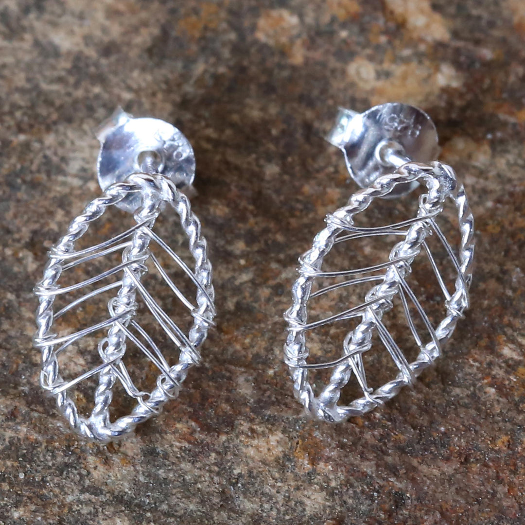 Artisan Crafted Sterling Silver Leaf Shaped Button Earrings - Lucky Leaf Wrap