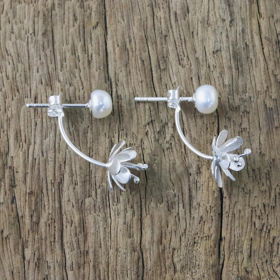 Handcrafted Cultured Pearl and Sterling Silver Drop Earrings - Night Blossoms