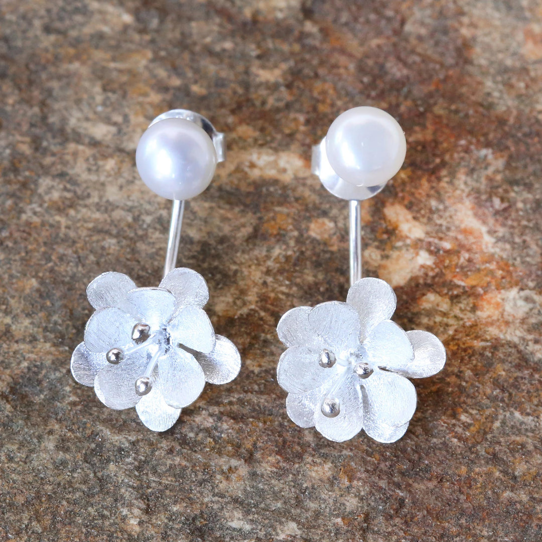 Handcrafted Cultured Pearl and Sterling Silver Drop Earrings - Night Blossoms