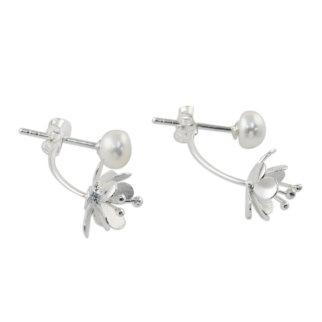 Handcrafted Cultured Pearl and Sterling Silver Drop Earrings - Night Blossoms