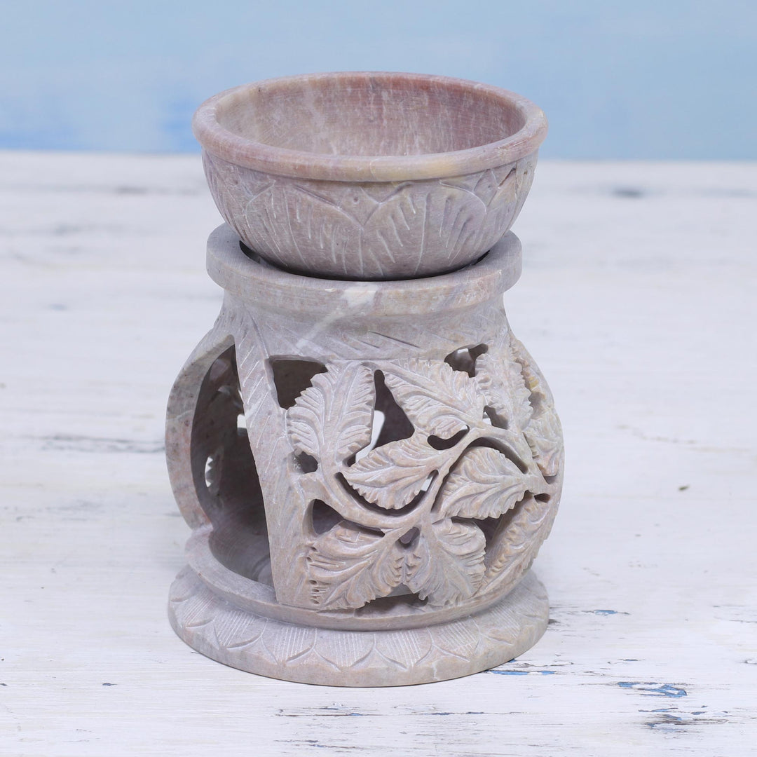 Handcrafted Leaf Motif Soapstone Oil Warmer from India - Garden of Leaves