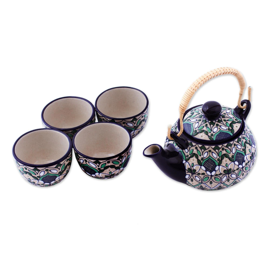 Handcrafted Ceramic Teapot and 4 Cups Set in Green and Blue - Green Valley
