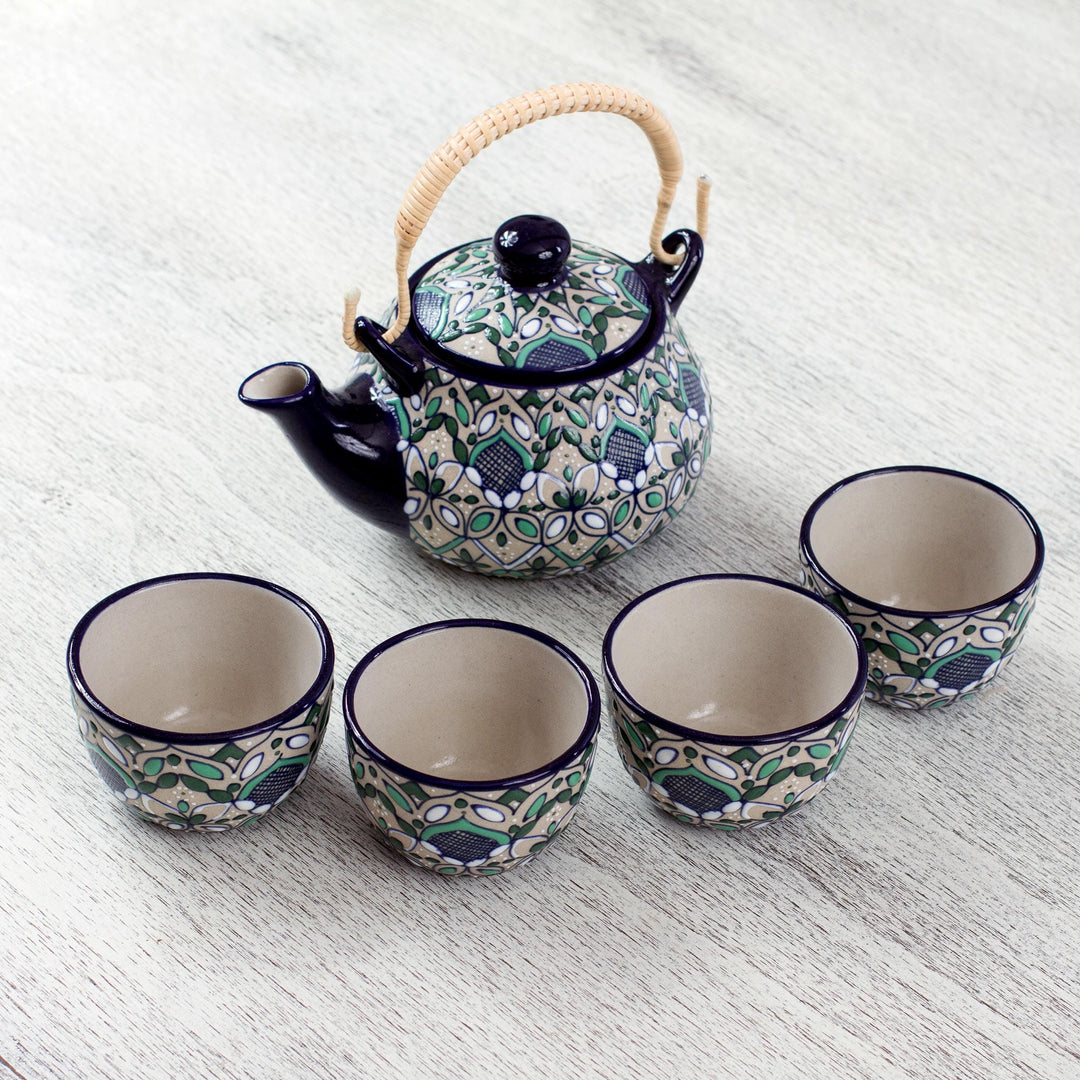 Handcrafted Ceramic Teapot and 4 Cups Set in Green and Blue - Green Valley