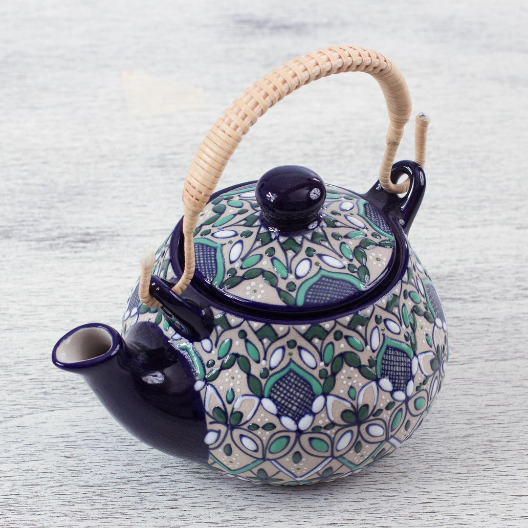 Handcrafted Ceramic Teapot and 4 Cups Set in Green and Blue - Green Valley