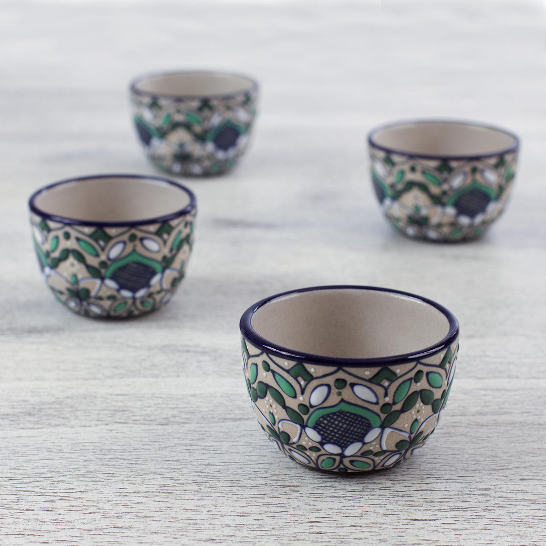 Handcrafted Ceramic Teapot and 4 Cups Set in Green and Blue - Green Valley