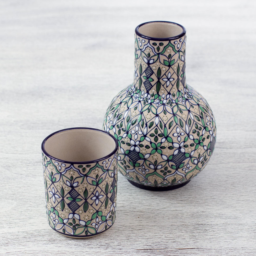 Fair Trade Ceramic Carafe and Cup Set from Mexico (Pair) - Green Valley
