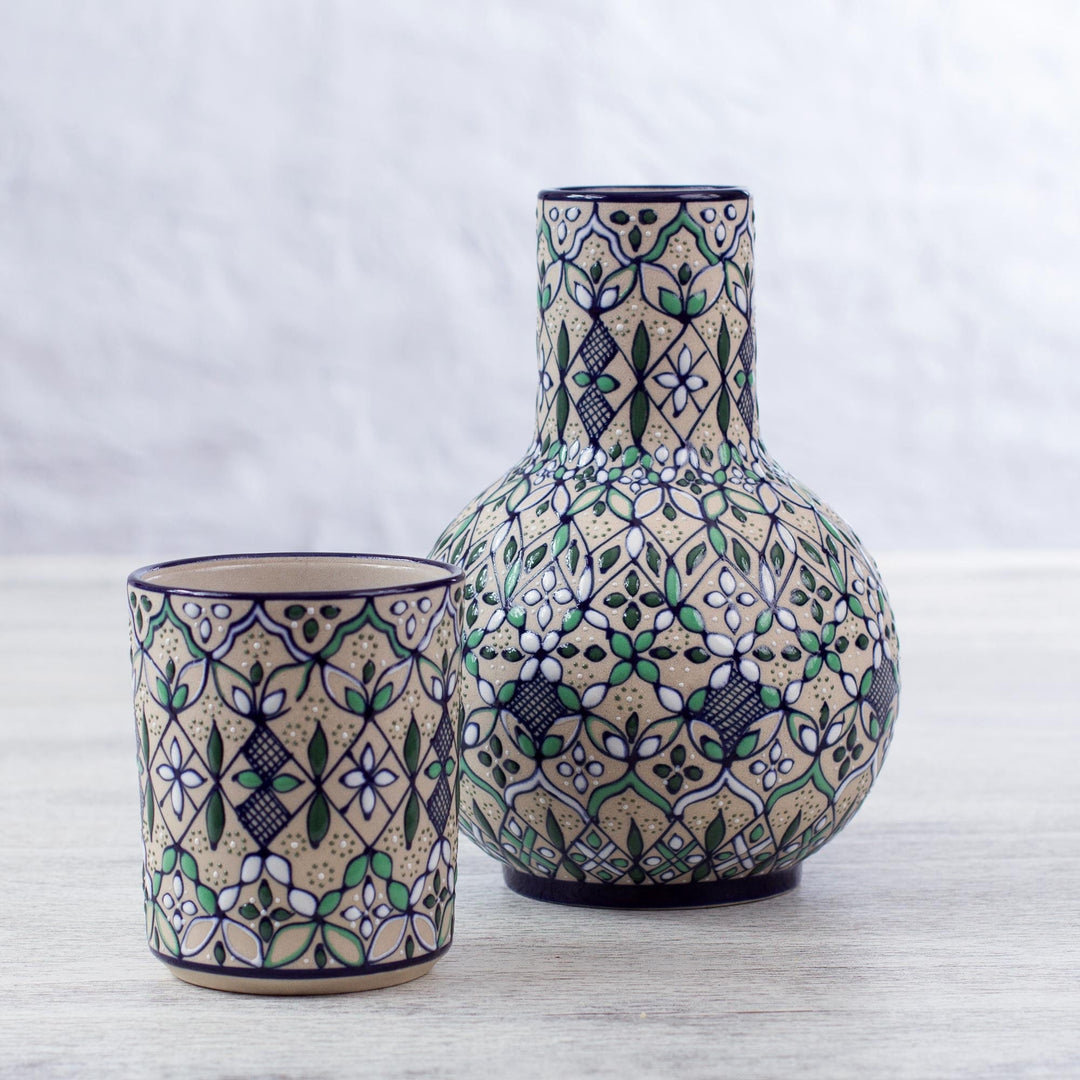 Fair Trade Ceramic Carafe and Cup Set from Mexico (Pair) - Green Valley
