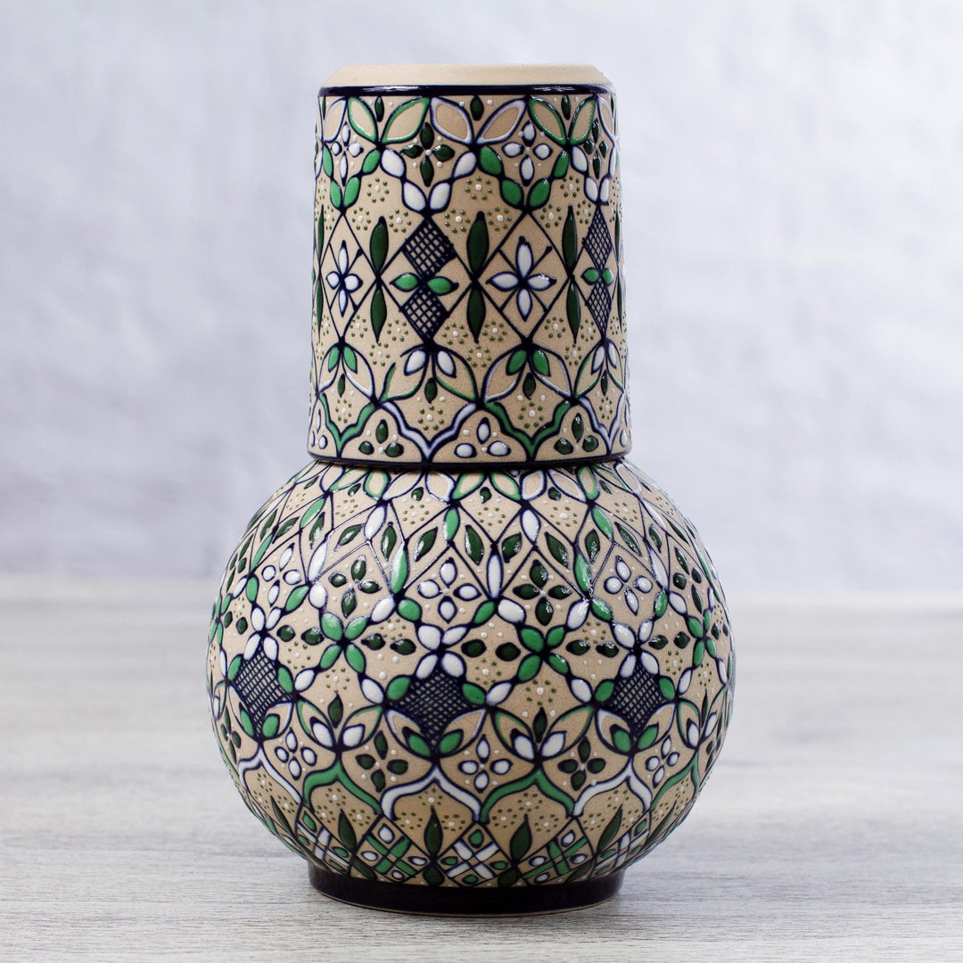 Fair Trade Ceramic Carafe and Cup Set from Mexico (Pair) - Green Valley