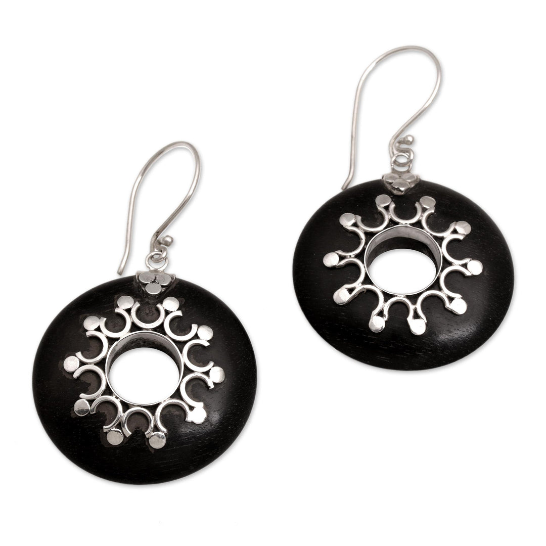 Sterling Silver and Sono Wood Circular Earrings from Bali - Eclipse the Sun