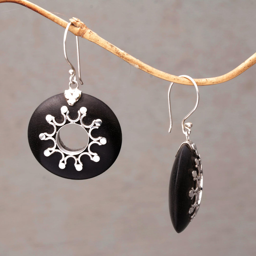 Sterling Silver and Sono Wood Circular Earrings from Bali - Eclipse the Sun