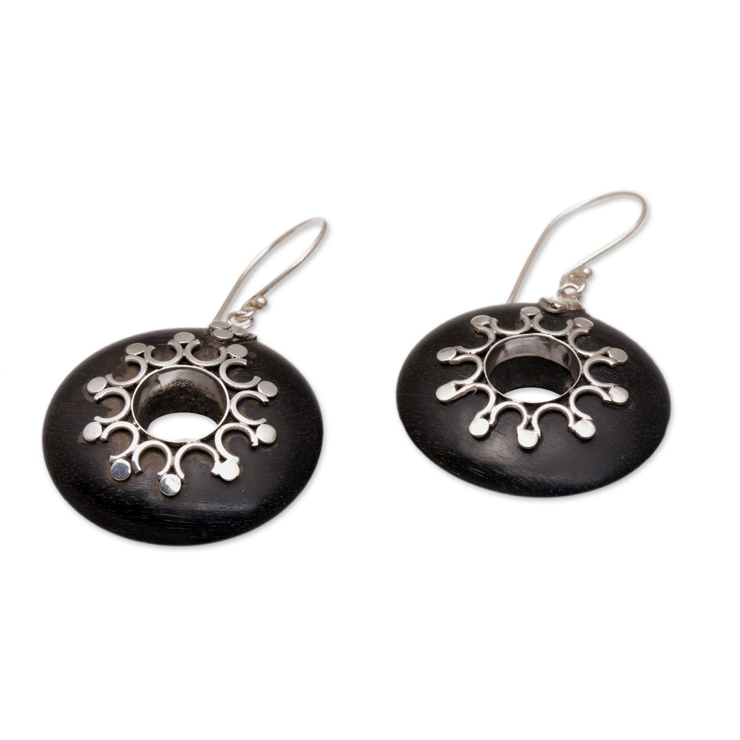 Sterling Silver and Sono Wood Circular Earrings from Bali - Eclipse the Sun