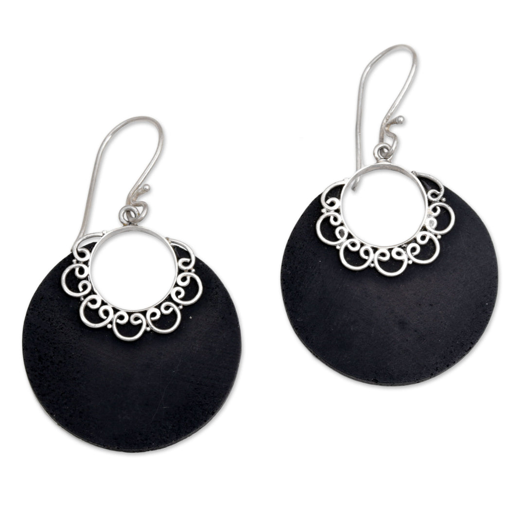 Sterling Silver and Lava Stone Crescent Earrings from Bali - Crescent Lace