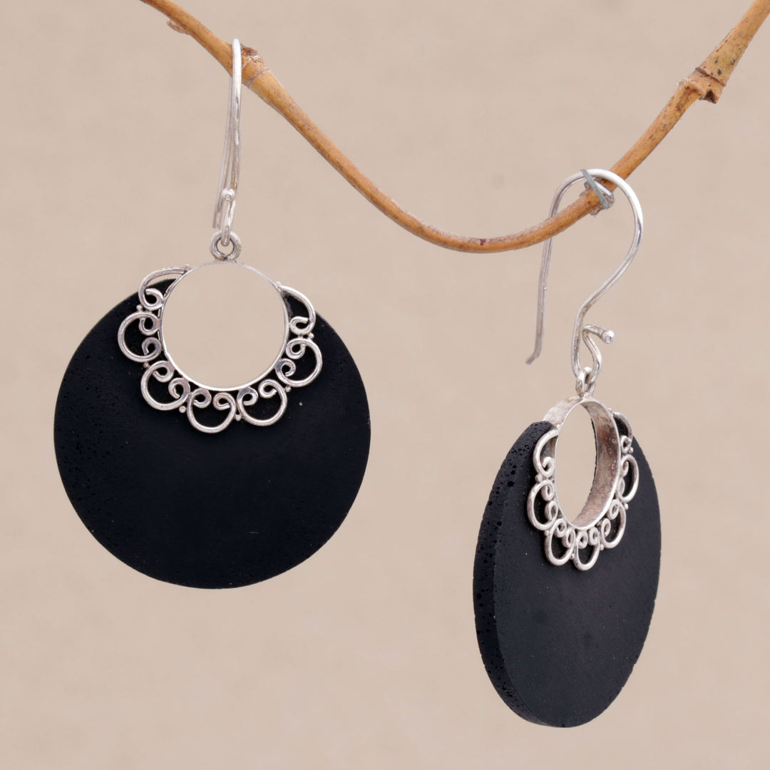 Sterling Silver and Lava Stone Crescent Earrings from Bali - Crescent Lace
