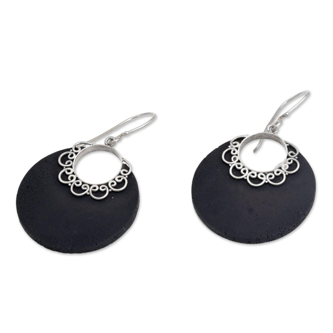 Sterling Silver and Lava Stone Crescent Earrings from Bali - Crescent Lace