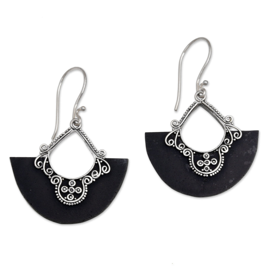 Sterling Silver and Lava Stone Fan Earrings from Bali - Bali Fans