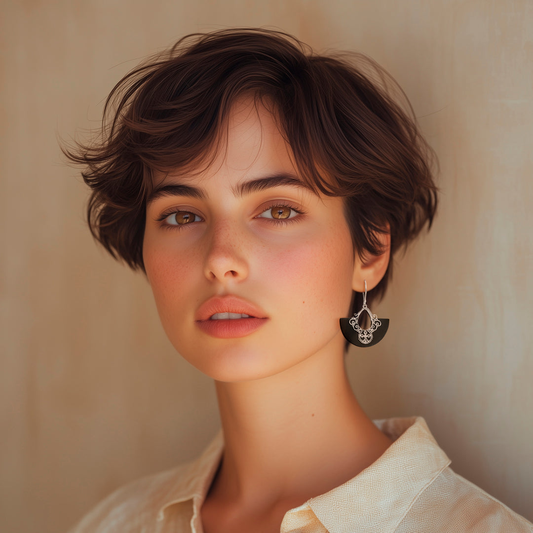 Sterling Silver and Lava Stone Fan Earrings from Bali - Bali Fans