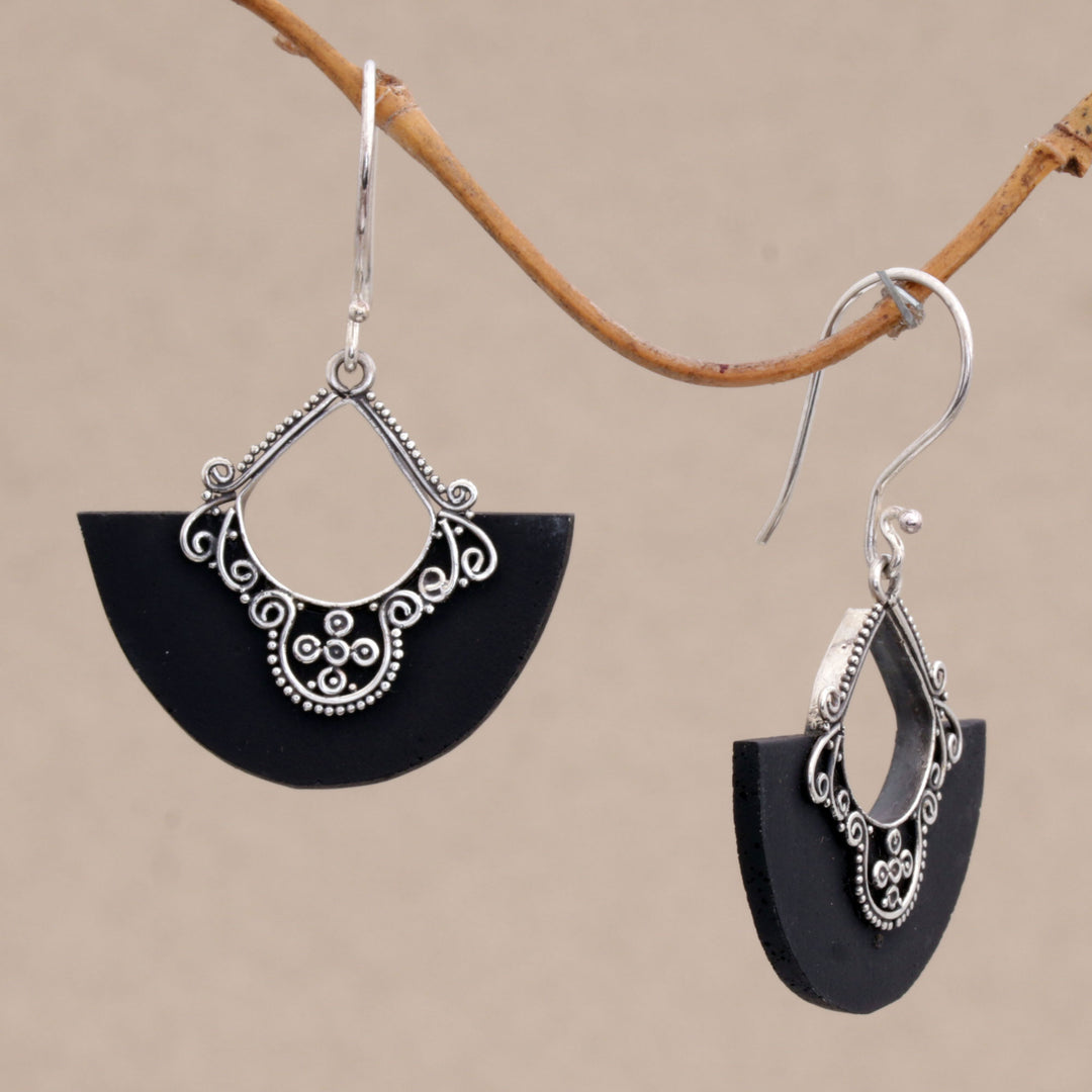 Sterling Silver and Lava Stone Fan Earrings from Bali - Bali Fans