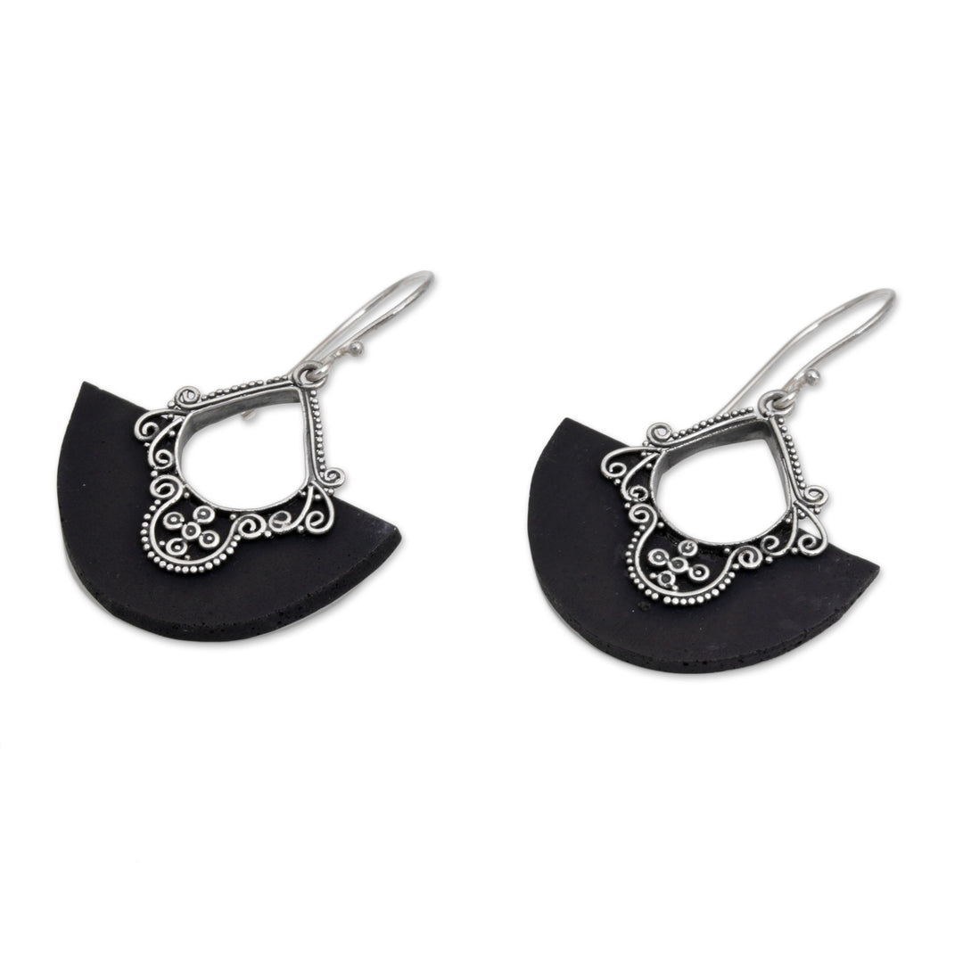 Sterling Silver and Lava Stone Fan Earrings from Bali - Bali Fans