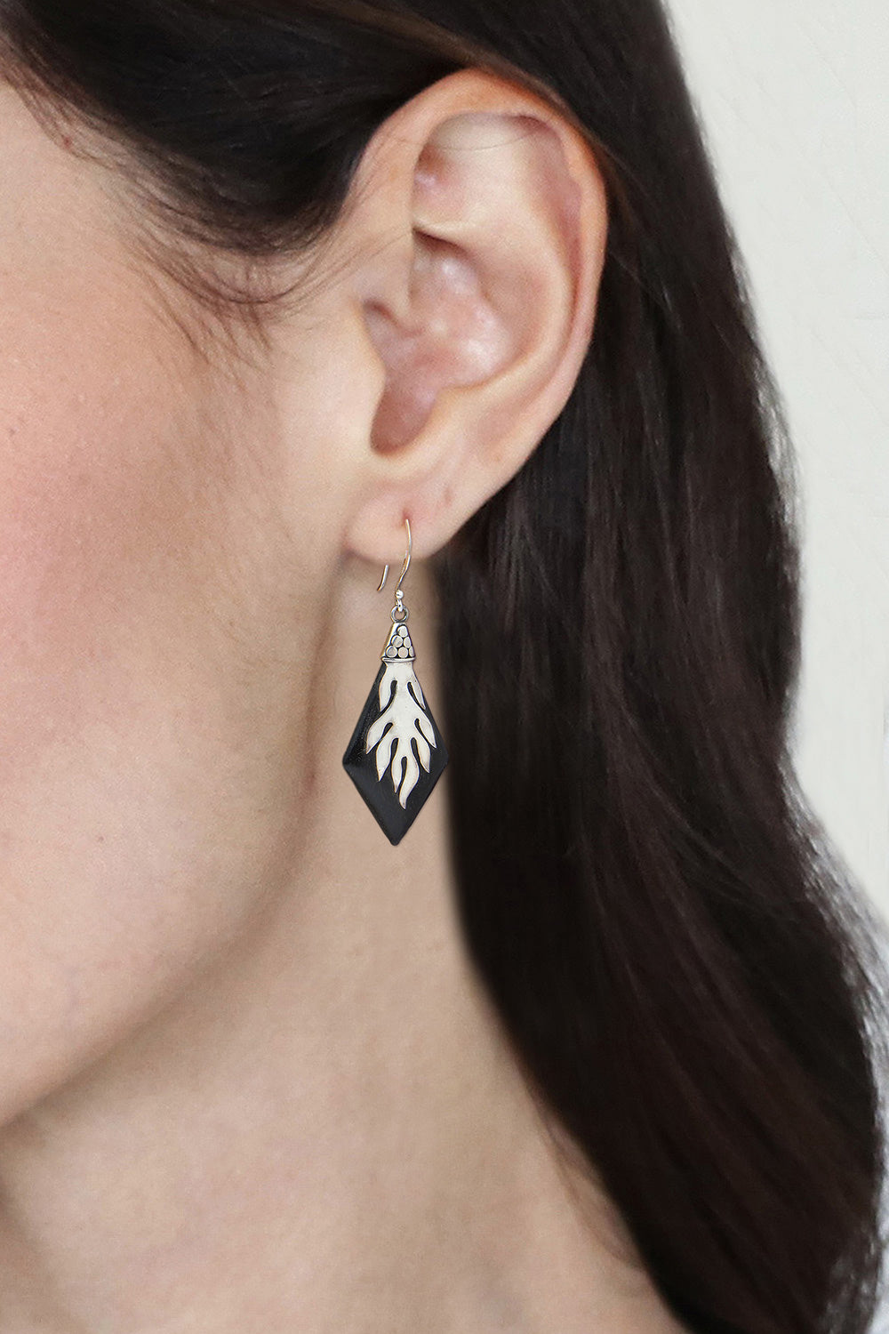 Sterling Silver and Sono Wood Diamond Shaped Earrings - Diamond Flame