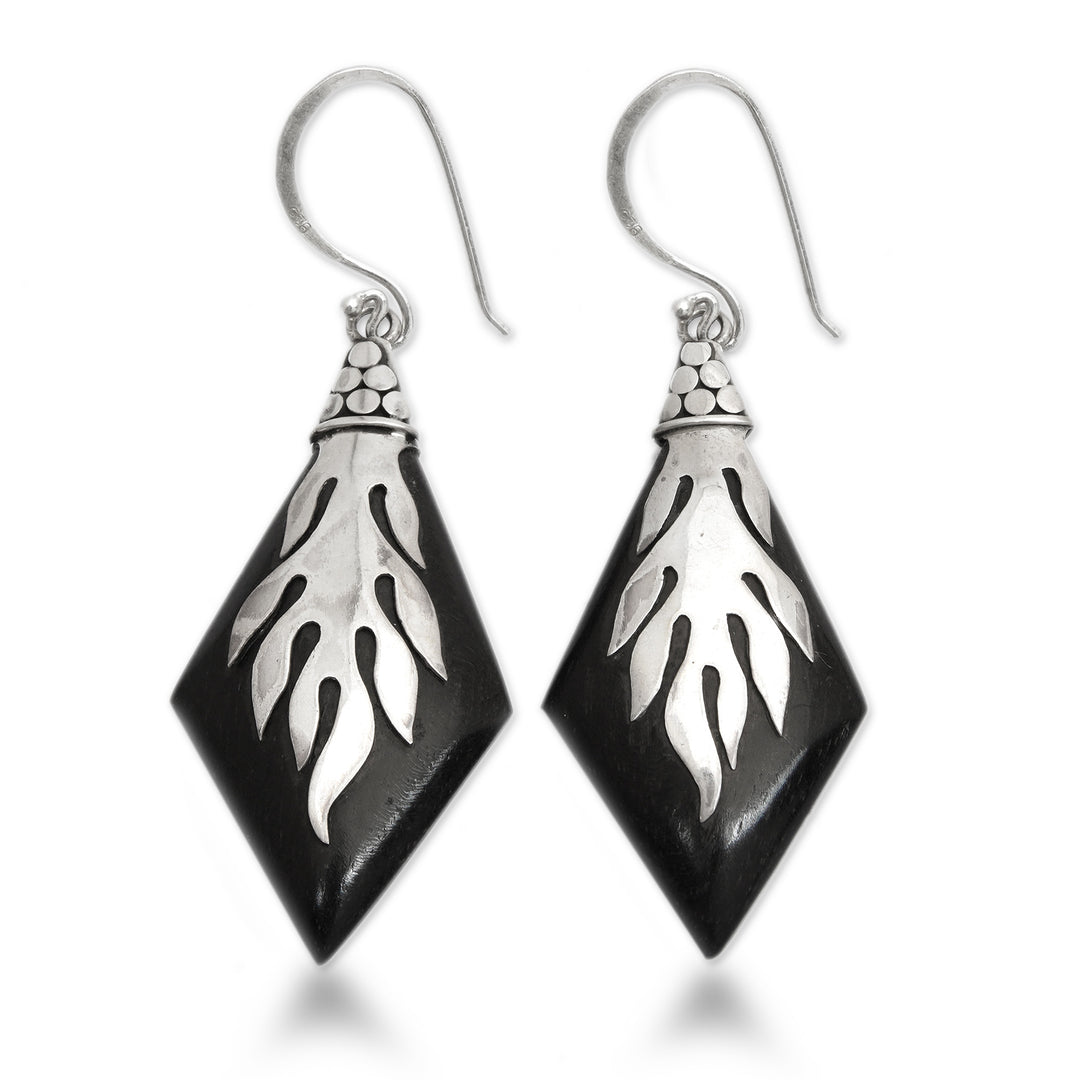 Sterling Silver and Sono Wood Diamond Shaped Earrings - Diamond Flame