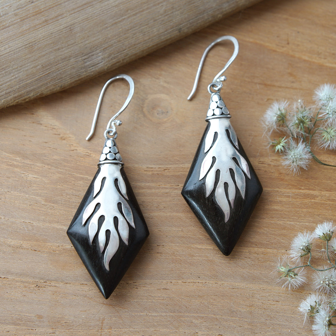 Sterling Silver and Sono Wood Diamond Shaped Earrings - Diamond Flame