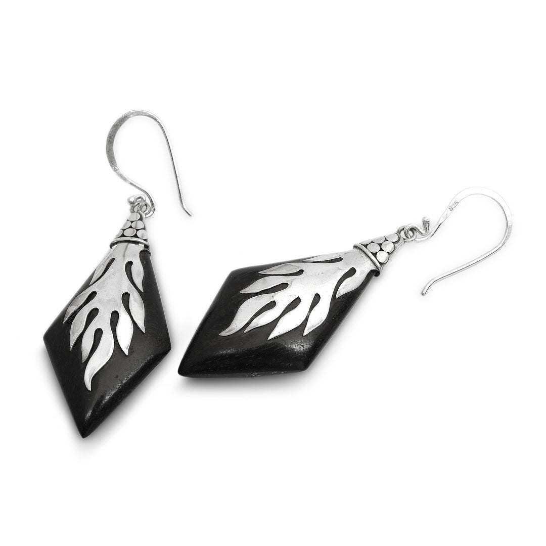 Sterling Silver and Sono Wood Diamond Shaped Earrings - Diamond Flame