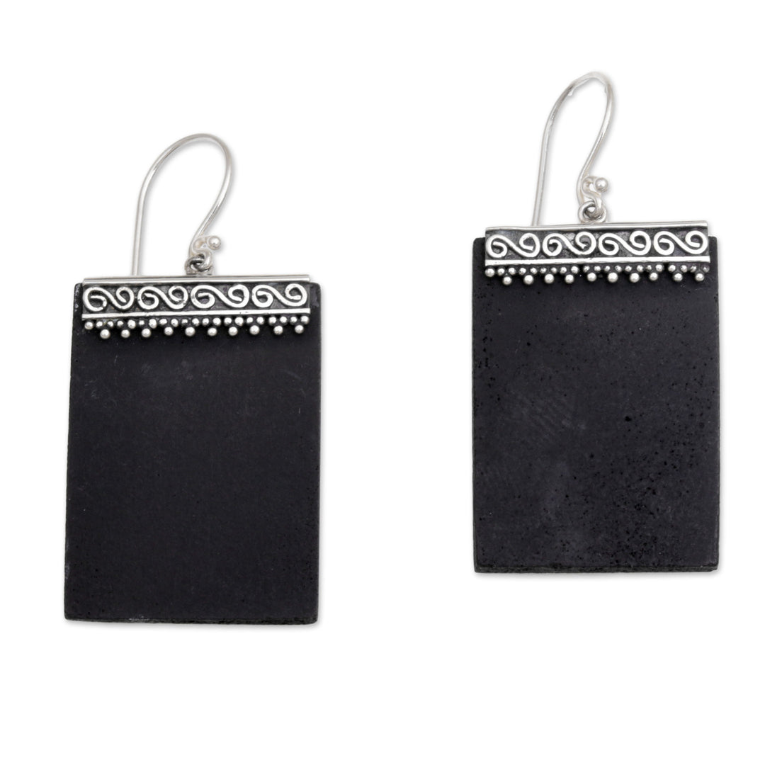 Sterling Silver and Lava Stone Rectangular Earrings - Dotted Walls