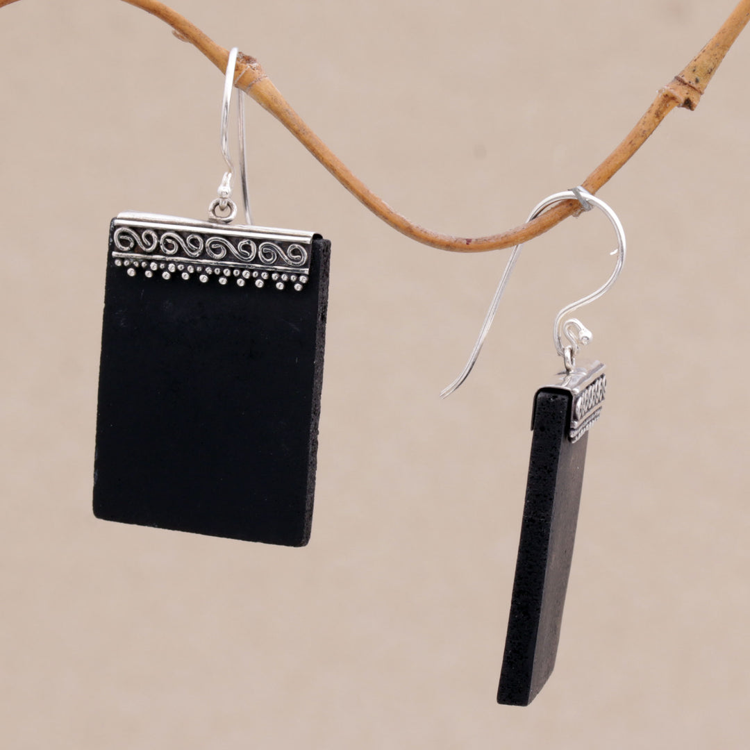 Sterling Silver and Lava Stone Rectangular Earrings - Dotted Walls