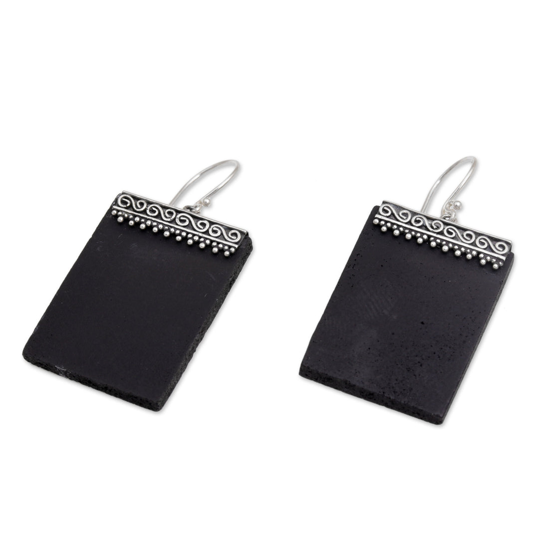 Sterling Silver and Lava Stone Rectangular Earrings - Dotted Walls