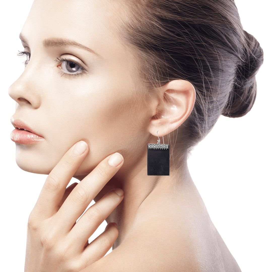 Sterling Silver and Lava Stone Rectangular Earrings - Dotted Walls