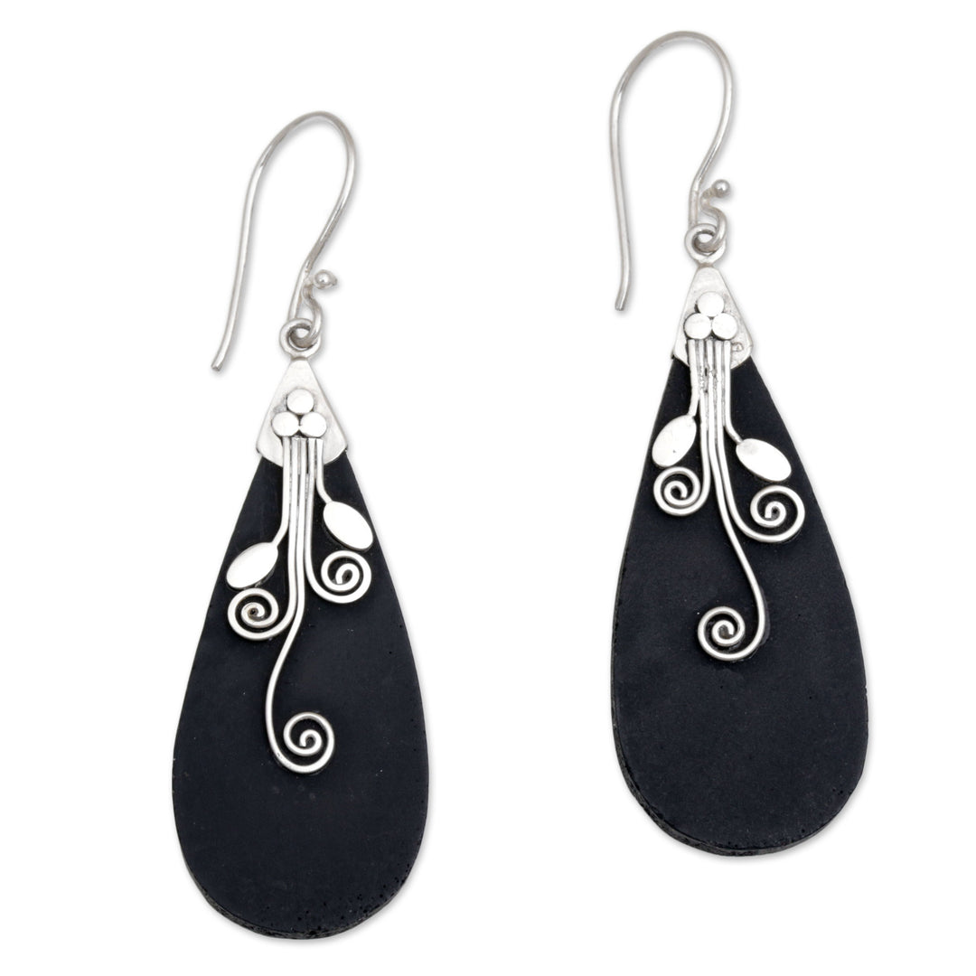 Sterling Silver and Lava Stone Drop Shaped Earrings - Reaching Vines