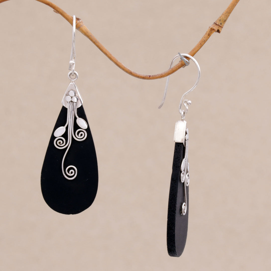 Sterling Silver and Lava Stone Drop Shaped Earrings - Reaching Vines