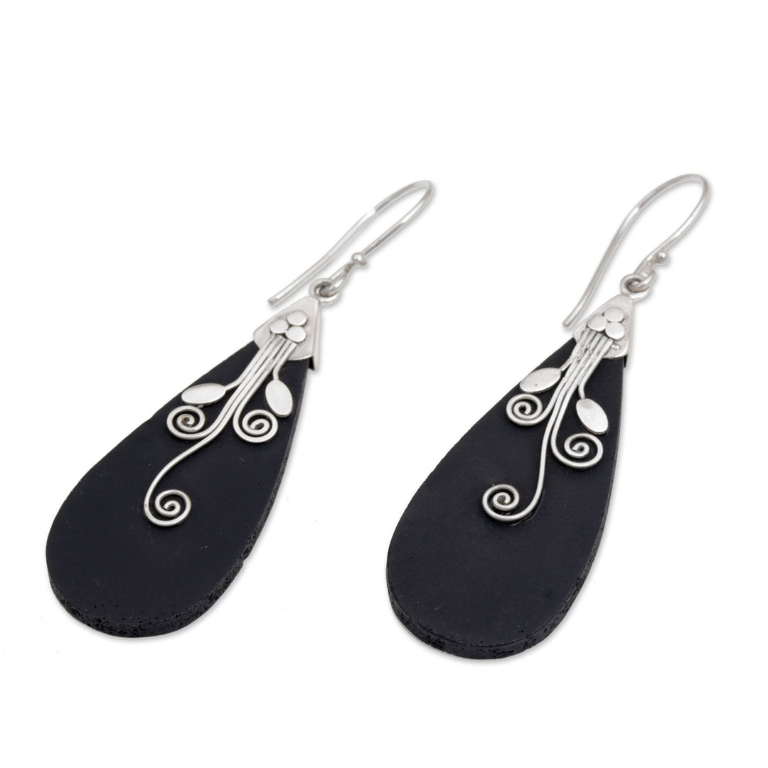 Sterling Silver and Lava Stone Drop Shaped Earrings - Reaching Vines