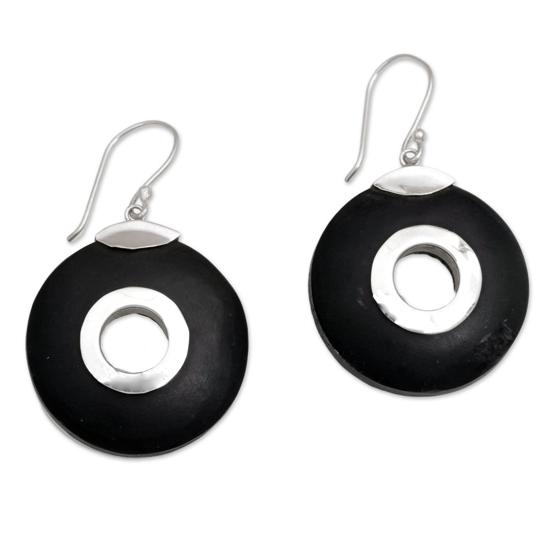 Sterling Silver and Lava Stone Circle Earrings from Bali - Wheels of Change
