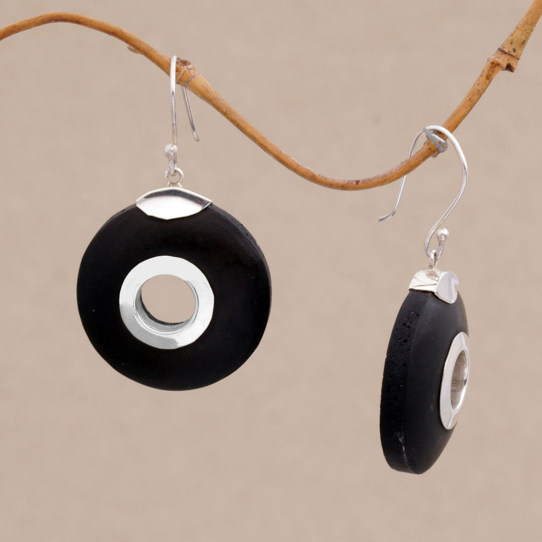 Sterling Silver and Lava Stone Circle Earrings from Bali - Wheels of Change
