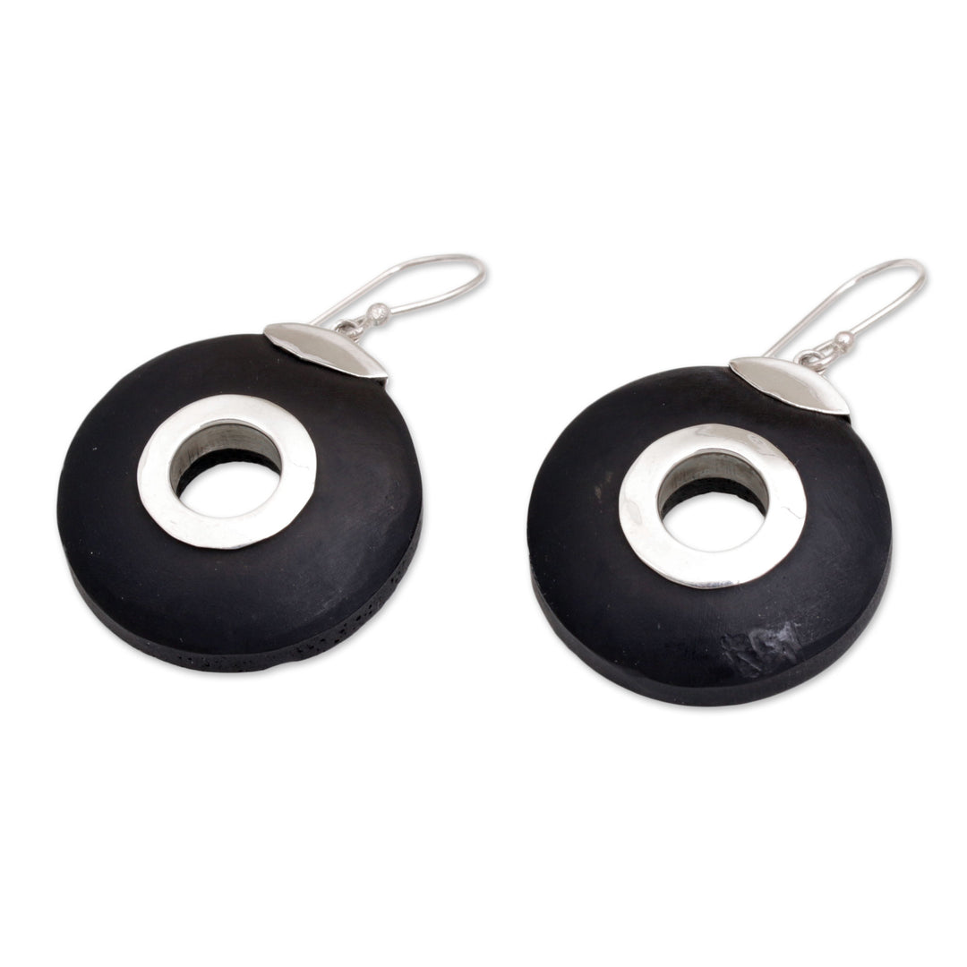 Sterling Silver and Lava Stone Circle Earrings from Bali - Wheels of Change