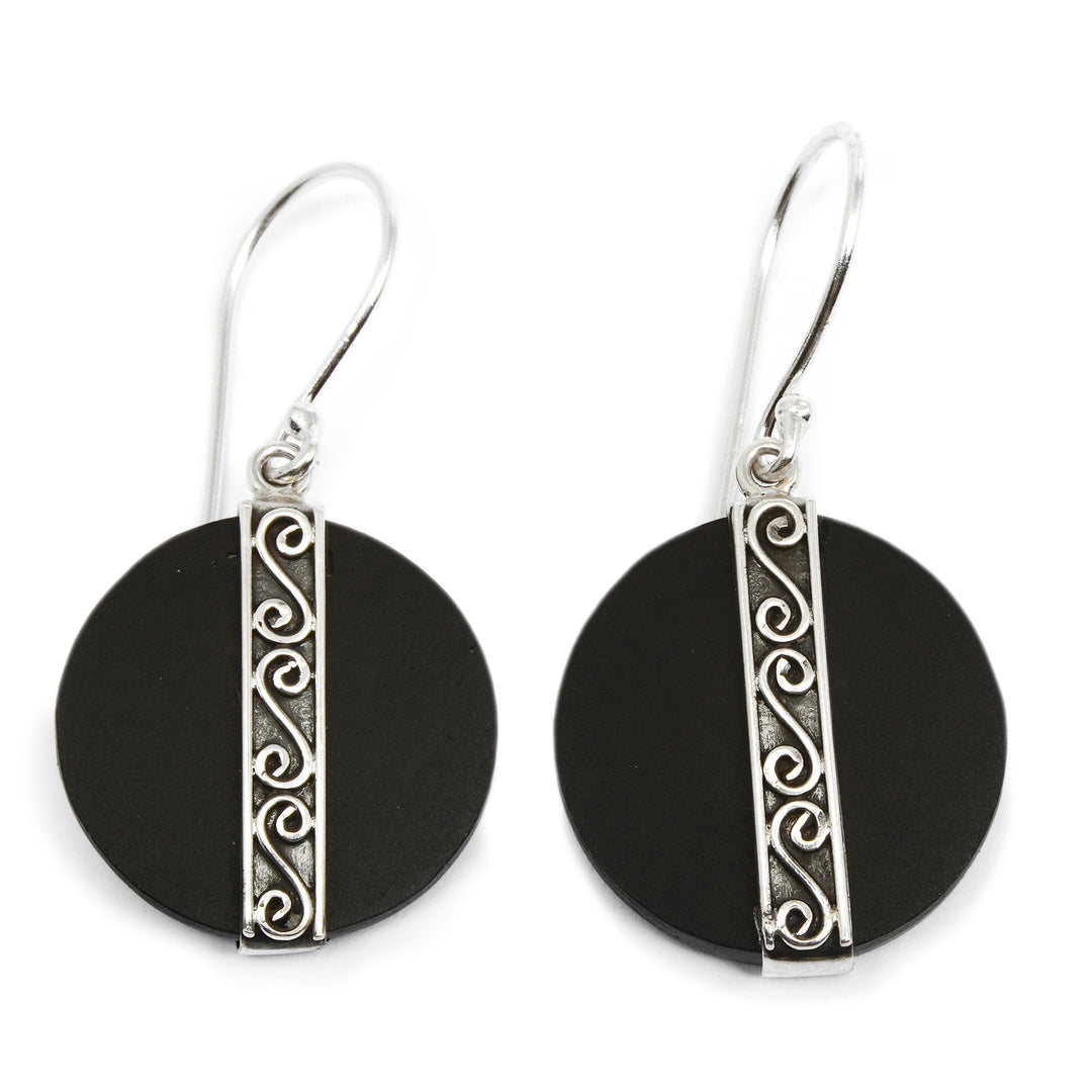 Sterling Silver and Lava Stone Spiral Motif Dangle Earrings - Gerhana Majesty