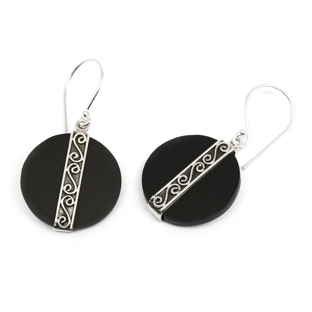 Sterling Silver and Lava Stone Spiral Motif Dangle Earrings - Gerhana Majesty