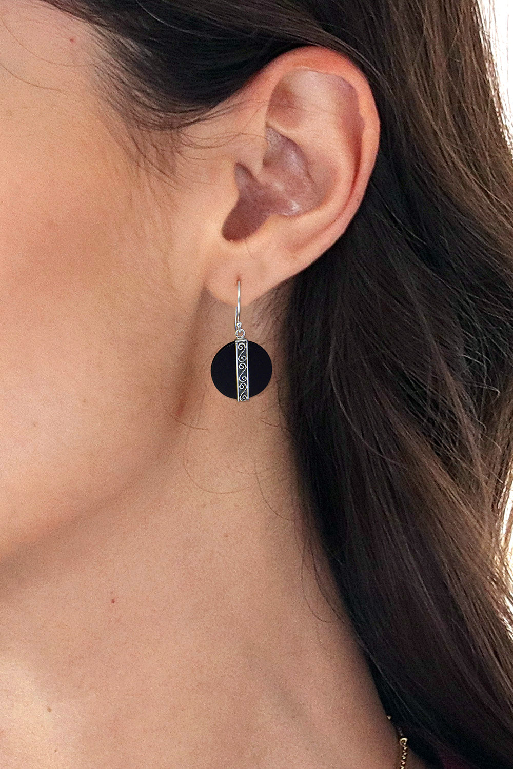 Sterling Silver and Lava Stone Spiral Motif Dangle Earrings - Gerhana Majesty