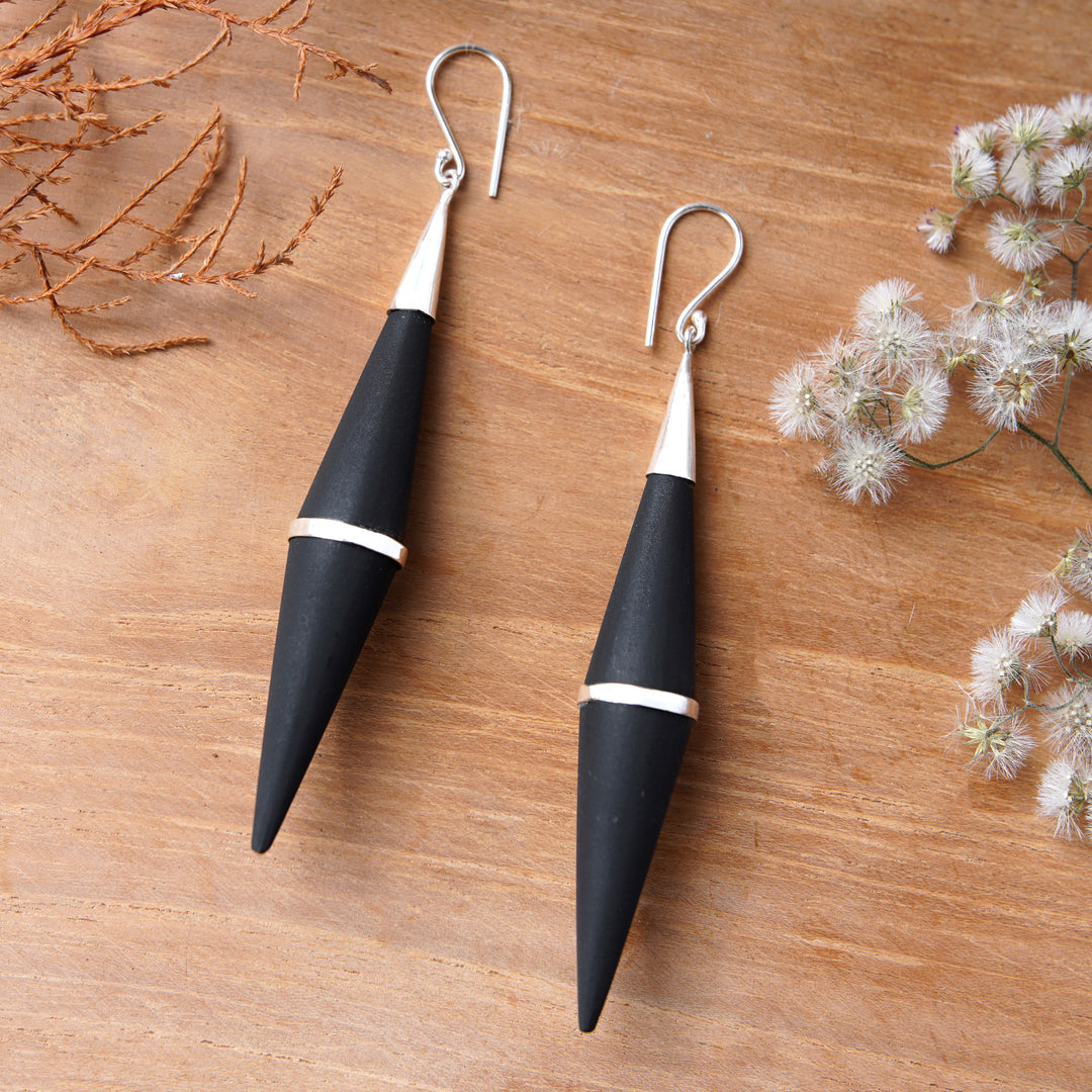 Sterling Silver and Sono Wood Cone-Shaped Dangle Earrings - Elegant Cones