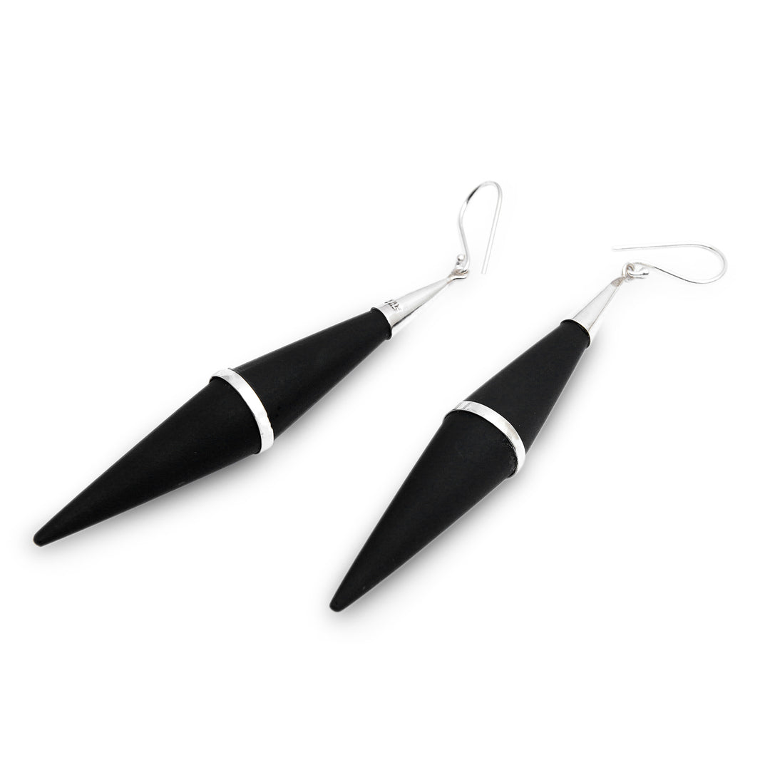 Sterling Silver and Sono Wood Cone-Shaped Dangle Earrings - Elegant Cones