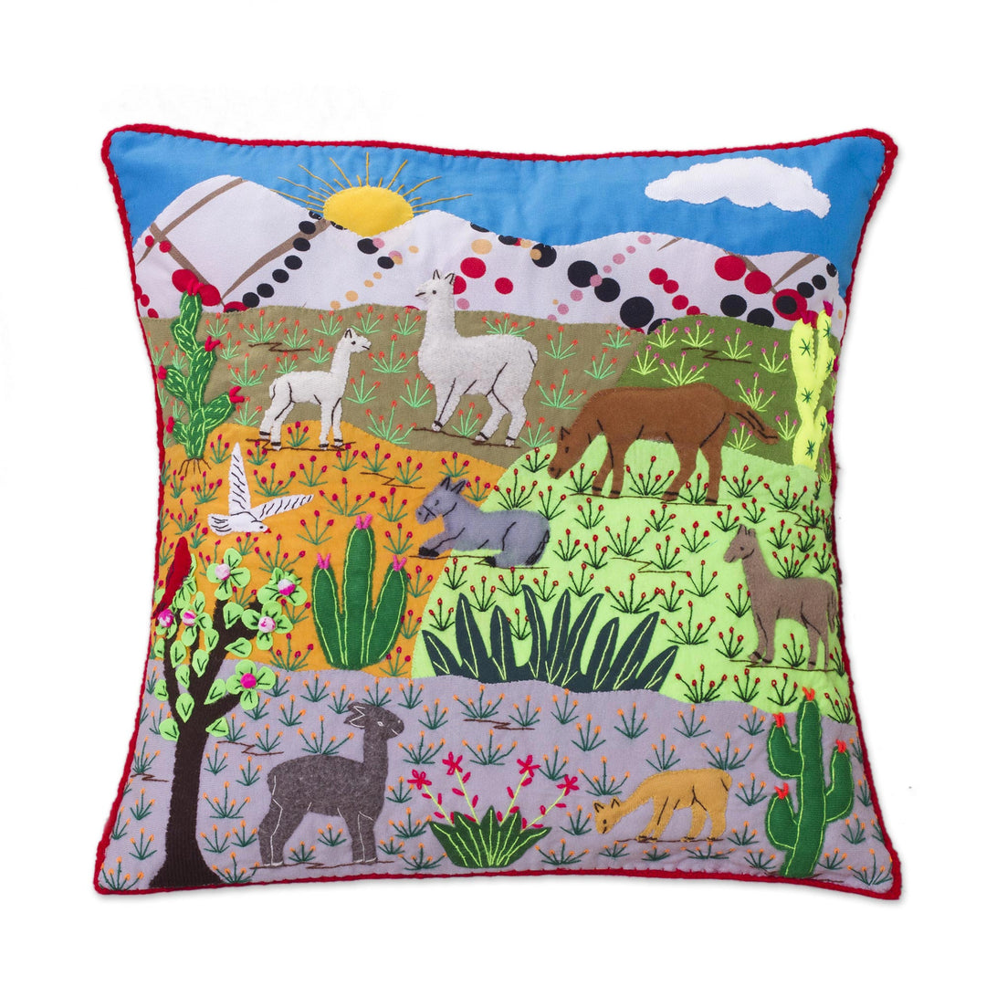 Cotton Blend Nature Themed Patchwork Cushion Cover from Peru - Andean Nature Scene