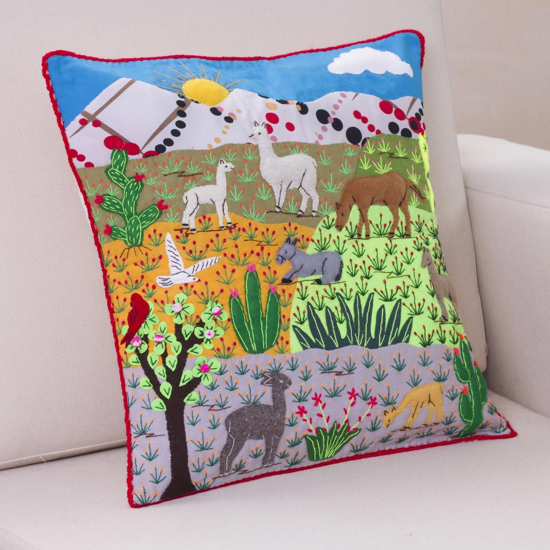 Cotton Blend Nature Themed Patchwork Cushion Cover from Peru - Andean Nature Scene